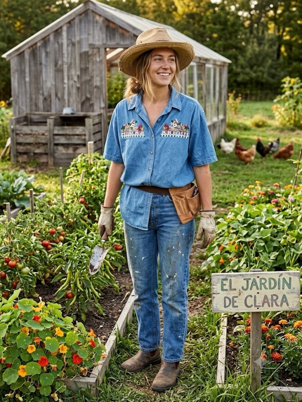 Bobbie Brooks Blue Denim Short-Sleeve Shirt with Embroidered Birdhouse & Flowers